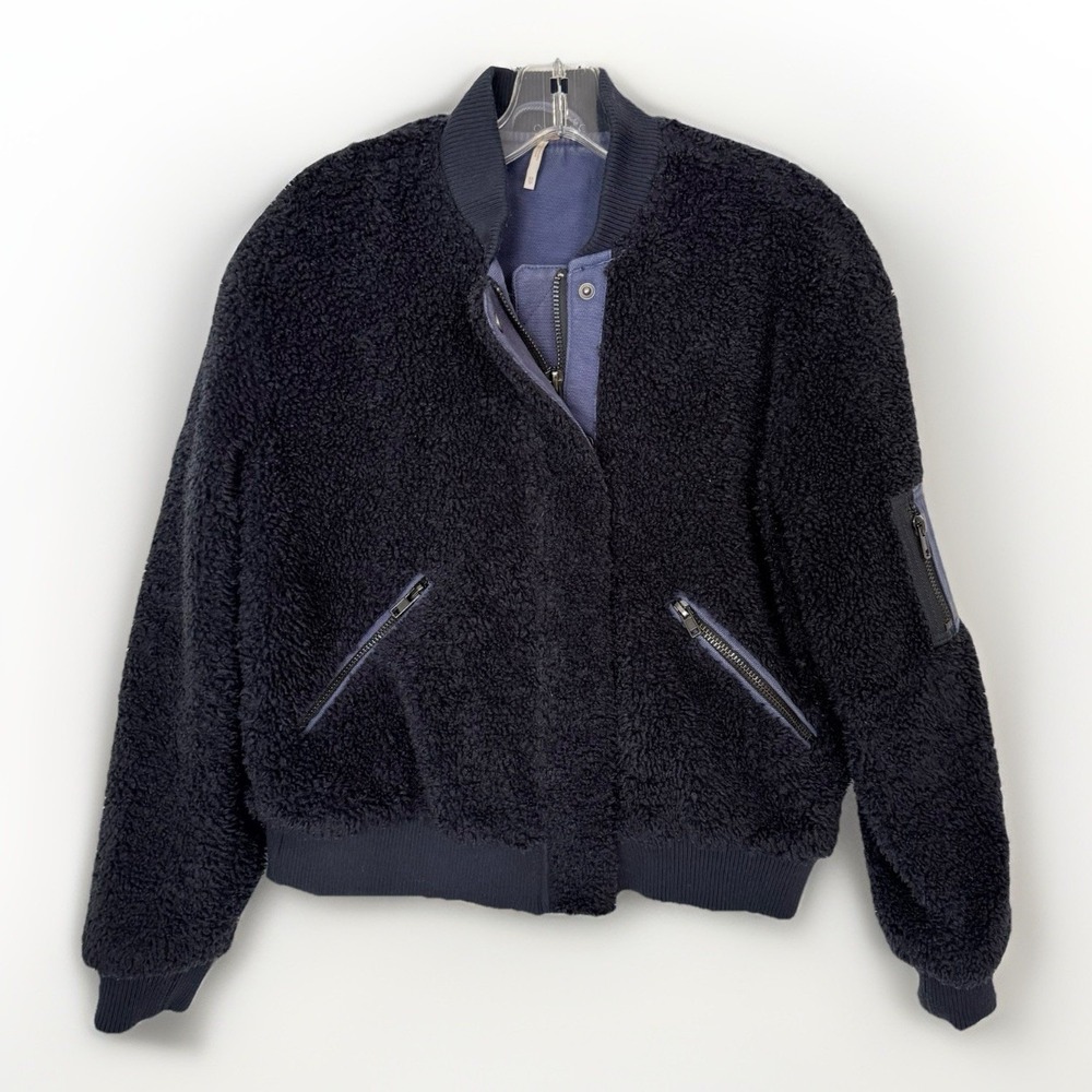 Free People Aviator Bomber Jacket Navy Teddy Sherpa Fleece Womens XS Cropped Zip